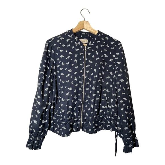 LOFT Ann Taylor Floral Bomber Jacket Lightweight Blue Ruffle Sz Medium - Picture 2 of 6